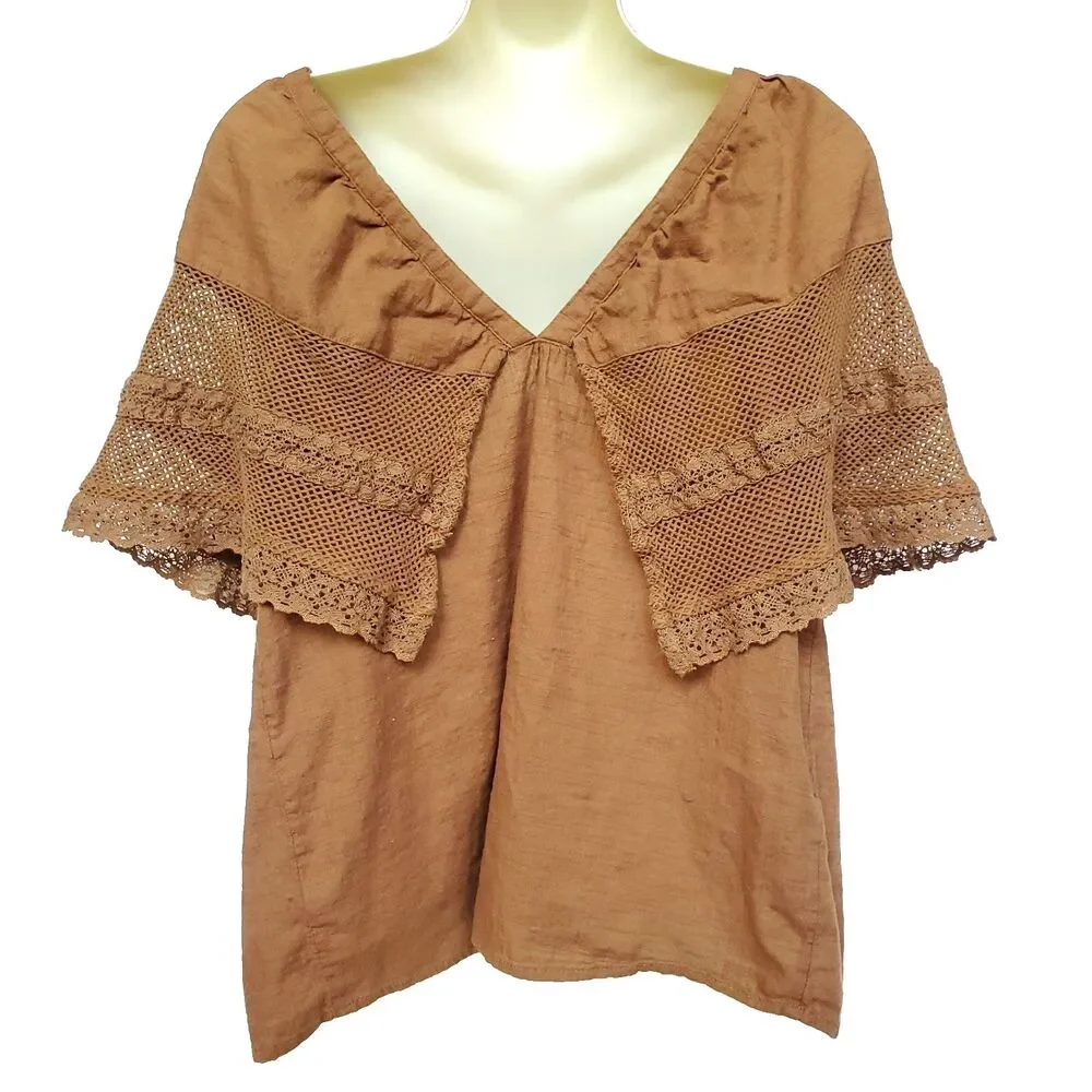 Old Navy Crochet Flutter Sleeve Top Womens M Sisal Brown Boho Chic Fairycore - Picture 3 of 9